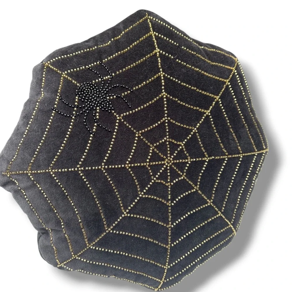 Threshold Halloween Spider Web Beaded Velvet Hexagon Pillows Black Gold Set 2